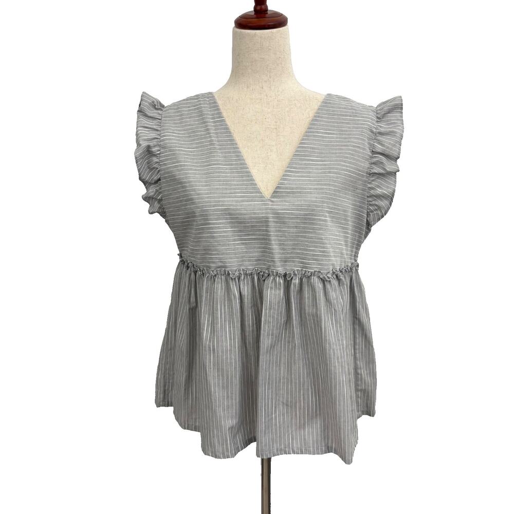 Bella Bliss Gray White Stripe Babydoll Top Women’s L Cotton Ruffle Sleeve NWT
